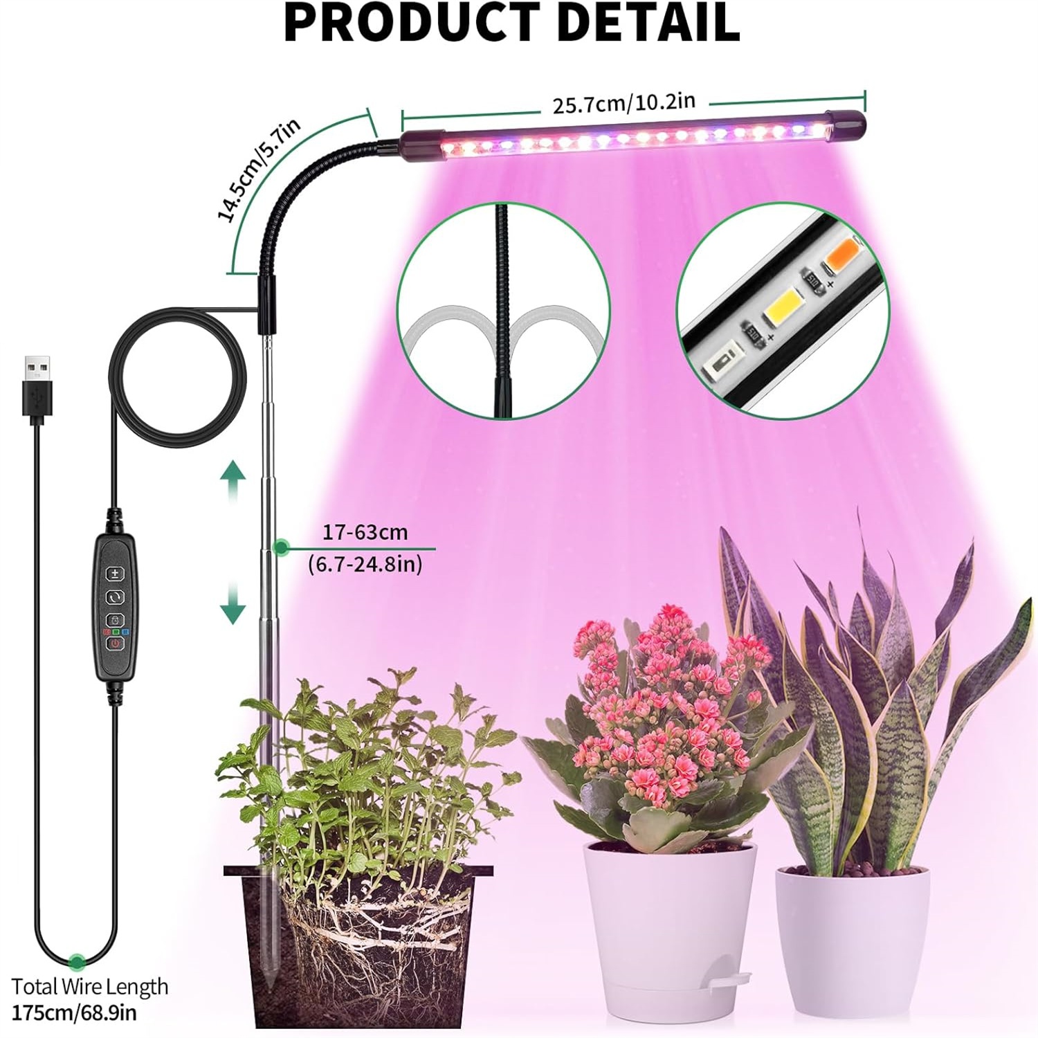 Led Planted Tank Light - 3 色 USB 成長ランプ植物フルスペクトル成長ライト 5V 時限調光スイッチプラグイン伸縮チューブ屋内植物照明