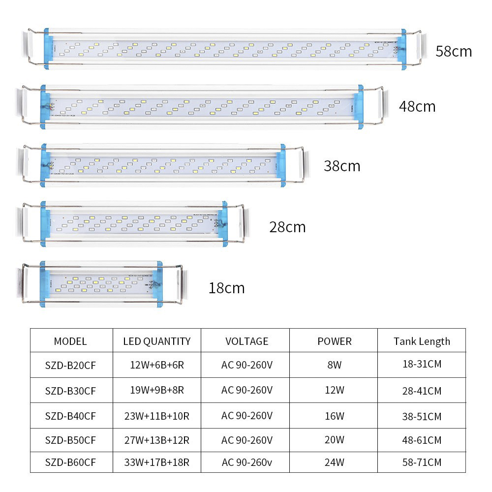 Aquarium Plant Grow Light - 水族館ランプ,クリップオンランプ,白,青,3色調光,eu,usプラグ,90-260v,18cm, 28cm, 38cm, 48cm 58cm, 1個